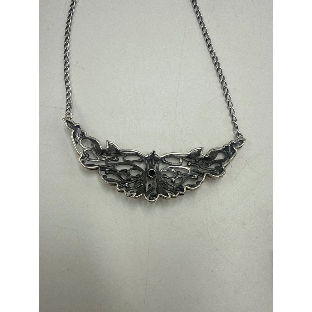 Sterling Silver 925 Filigree Bib Necklace India Floral Leaf Statement 18 Inch